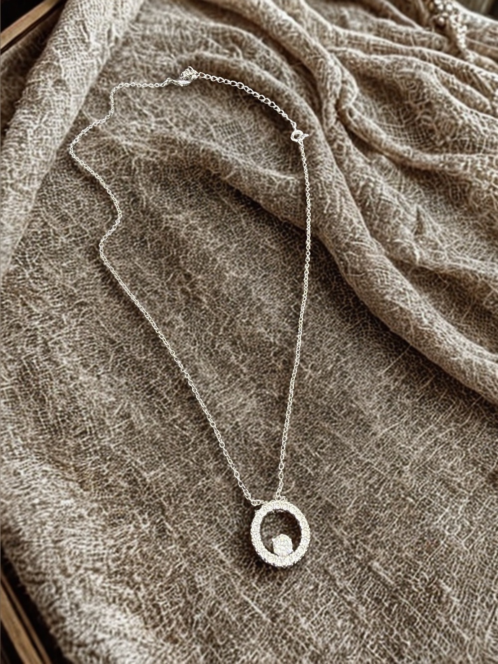 🩶Pave’ Crystal Circle Silver-Tone Rhodium Plated Pendant Necklace/NWOT🩶